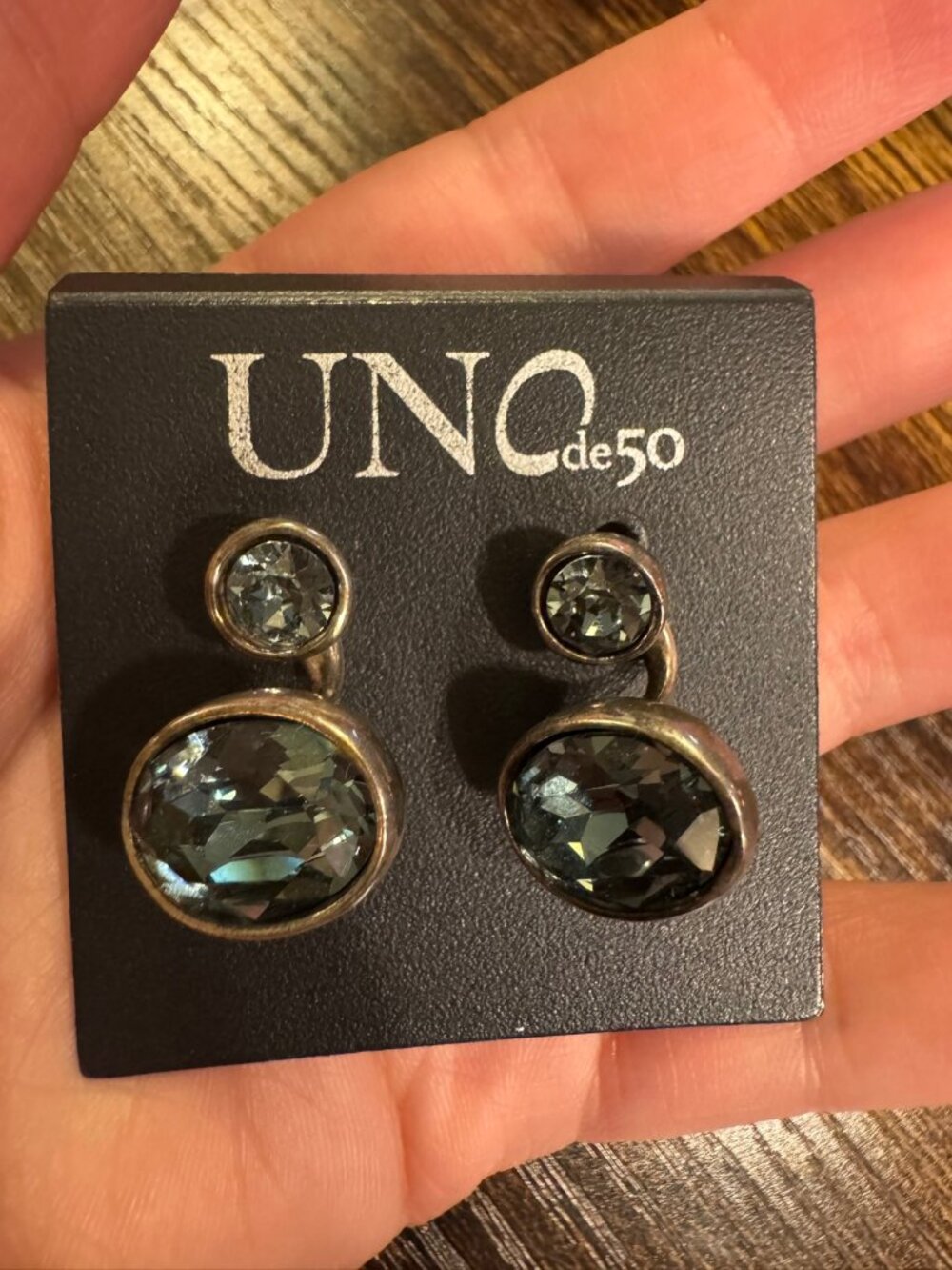 UNO de 50 Double Drop Earrings Gray Crystal Silver Tone NWT